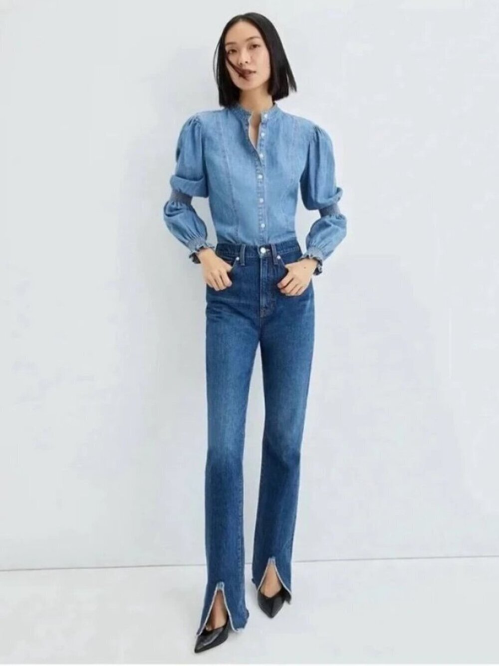 NWT Veronica Beard Keane High Rise Long Straight Leg Jeans Blue 32 Front Slit